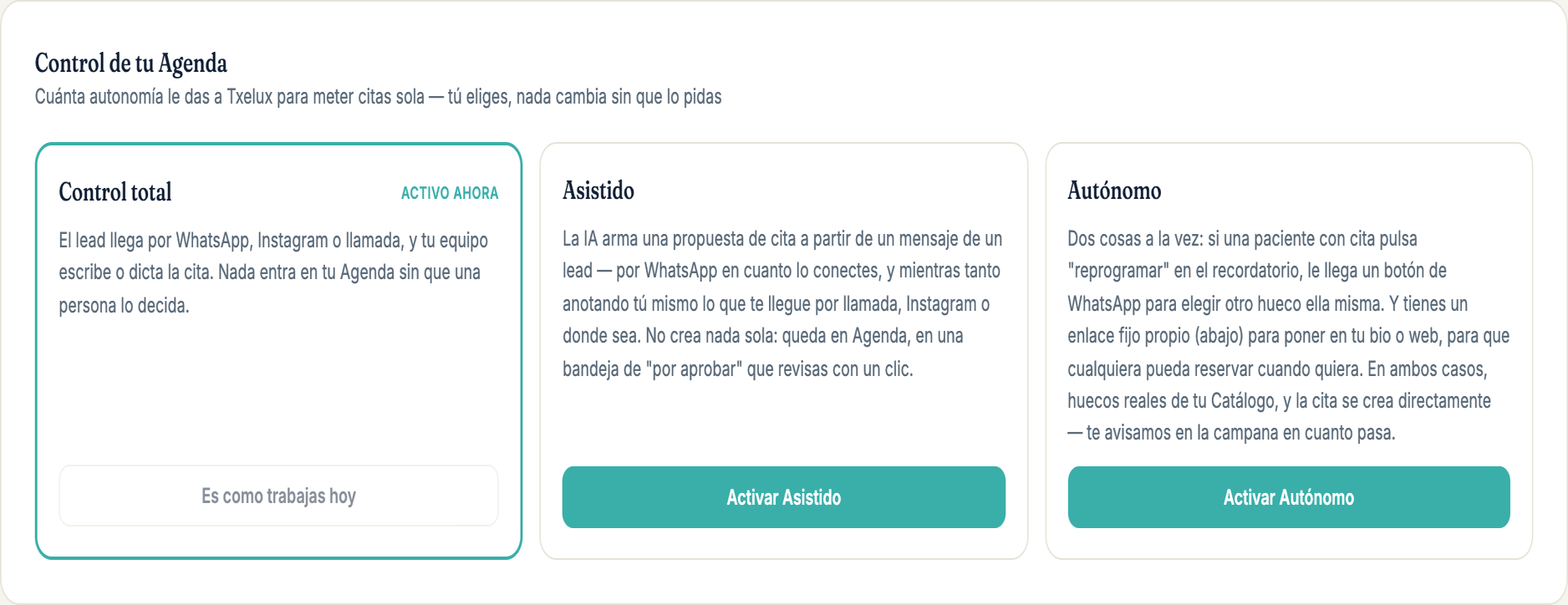 Panel de Txelux mostrando la pantalla Control de tu Agenda, con los tres niveles: Control total, Asistido y Autónomo